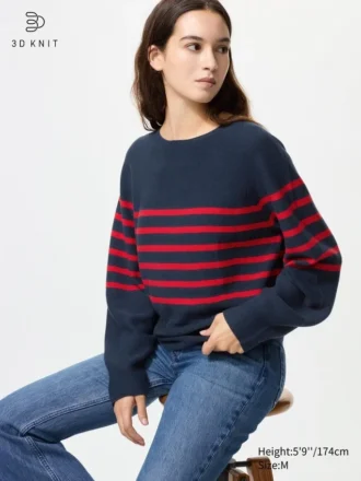 3D Knit bomullsgenser med voluminøse ermer for kvinner | Stripet