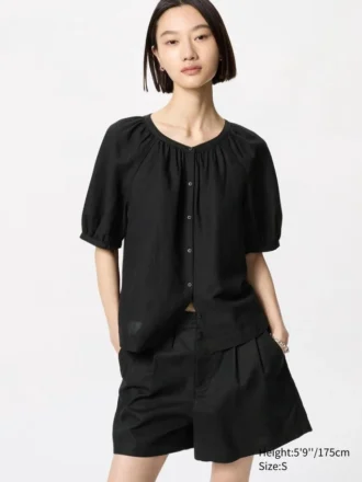 Bluse med voluminøse ermer i linblanding for kvinner