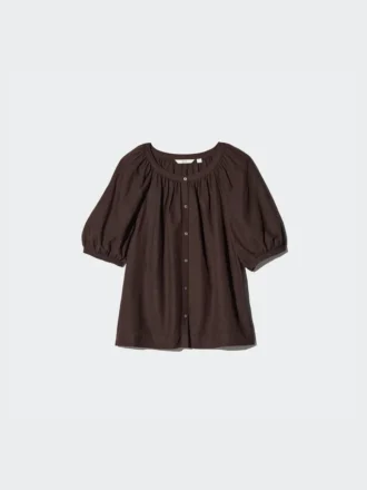 Bluse med voluminøse ermer i linblanding for kvinner