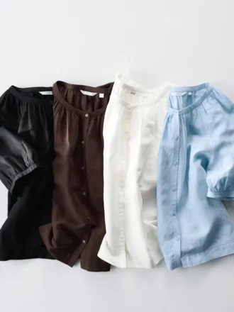Bluse med voluminøse ermer i linblanding for kvinner