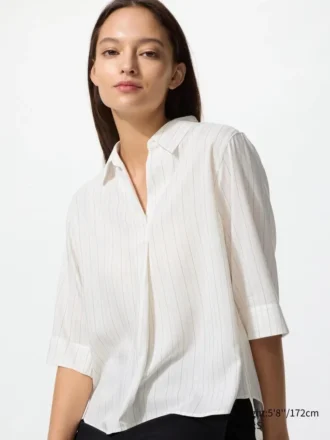 Bluser med skipperkrage og 3/4-ermer i rayon for damer | Stripet