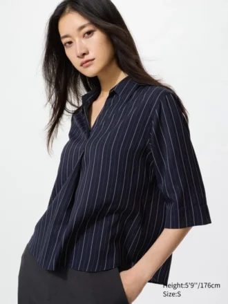 Bluser med skipperkrage og 3/4-ermer i rayon for damer | Stripet