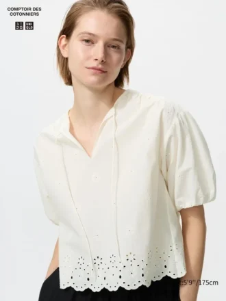 Broderet bluse med halve ermer for kvinner