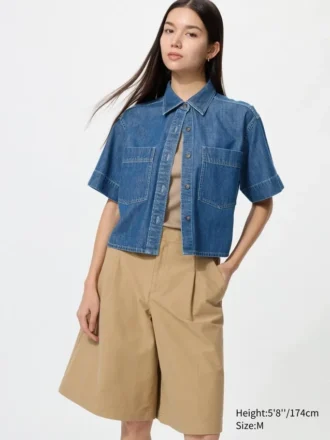 Denimskjorte i boksform for kvinner | Halv erme