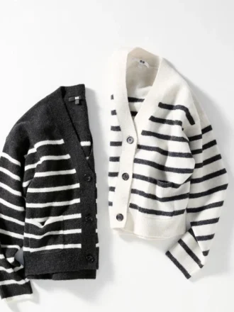 Kort cardigan i Souffle Yarn for damer | Stripet | V-hals