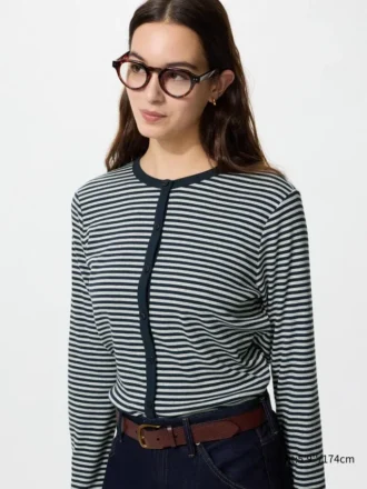 Myk ribbestrikket cardigan for damer | Stripet