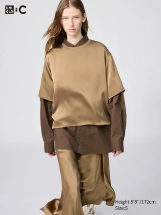 Oversized kort bluse i sateng for damer | Halve ermer