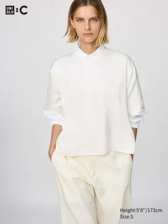 Oversized kort bluse i sateng for damer | Halve ermer