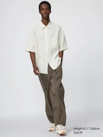 Premium Linen oversized skjorte for menn | Kort erme | Stripet