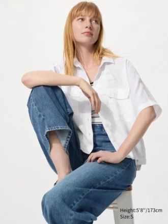 Premium Linen-skipper-skjorte for kvinner | Kort erme