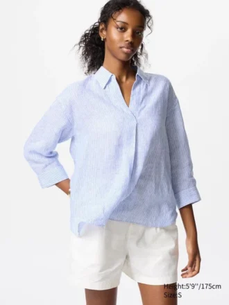Premium Linen-skjorte med skipperkrage for kvinner | Stripet