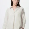 Premium Linen-skjorte med skipperkrage og 3/4-ermer for kvinner | Stripet