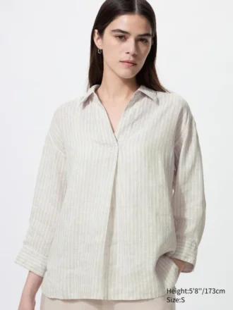 Premium Linen-skjorte med skipperkrage og 3/4-ermer for kvinner | Stripet