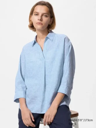 Premium Linen-skjorte med skipperkrage og 3/4-ermer for kvinner | Stripet