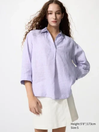 Premium Linen-skjorte med skipperkrage og 3/4-ermer for kvinner | Stripet