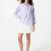 Premium Linen-skjorte med skipperkrage og 3/4-ermer for kvinner | Stripet