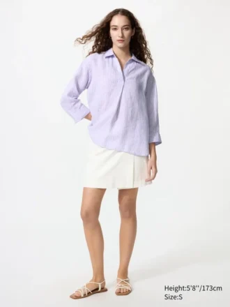 Premium Linen-skjorte med skipperkrage og 3/4-ermer for kvinner | Stripet