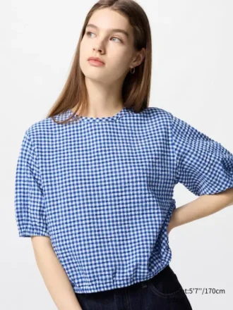 Seersucker-bluse med volum for kvinner | Gingham
