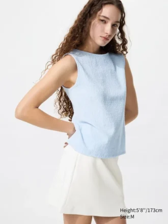 Shirring-T-skjorte uten ermer med båthals for kvinner